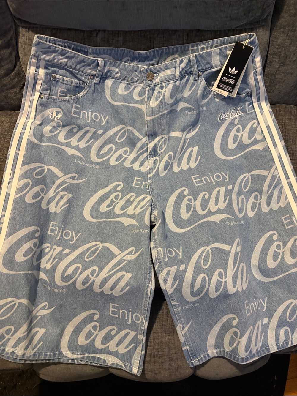 Adidas,Coca-Cola Light Blue & White Logo Denim Jorts, Brand new,cut small